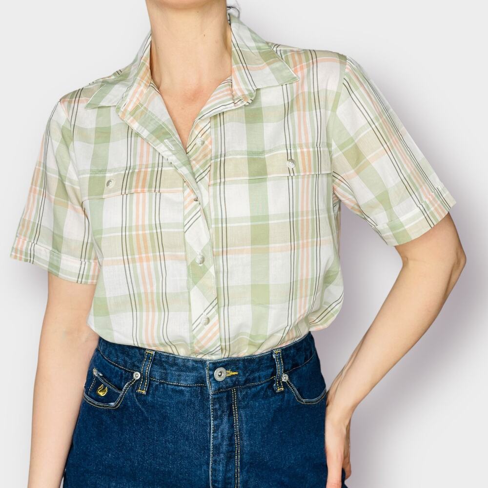 90s Alfred Dunner green‎ and peach plaid shirt